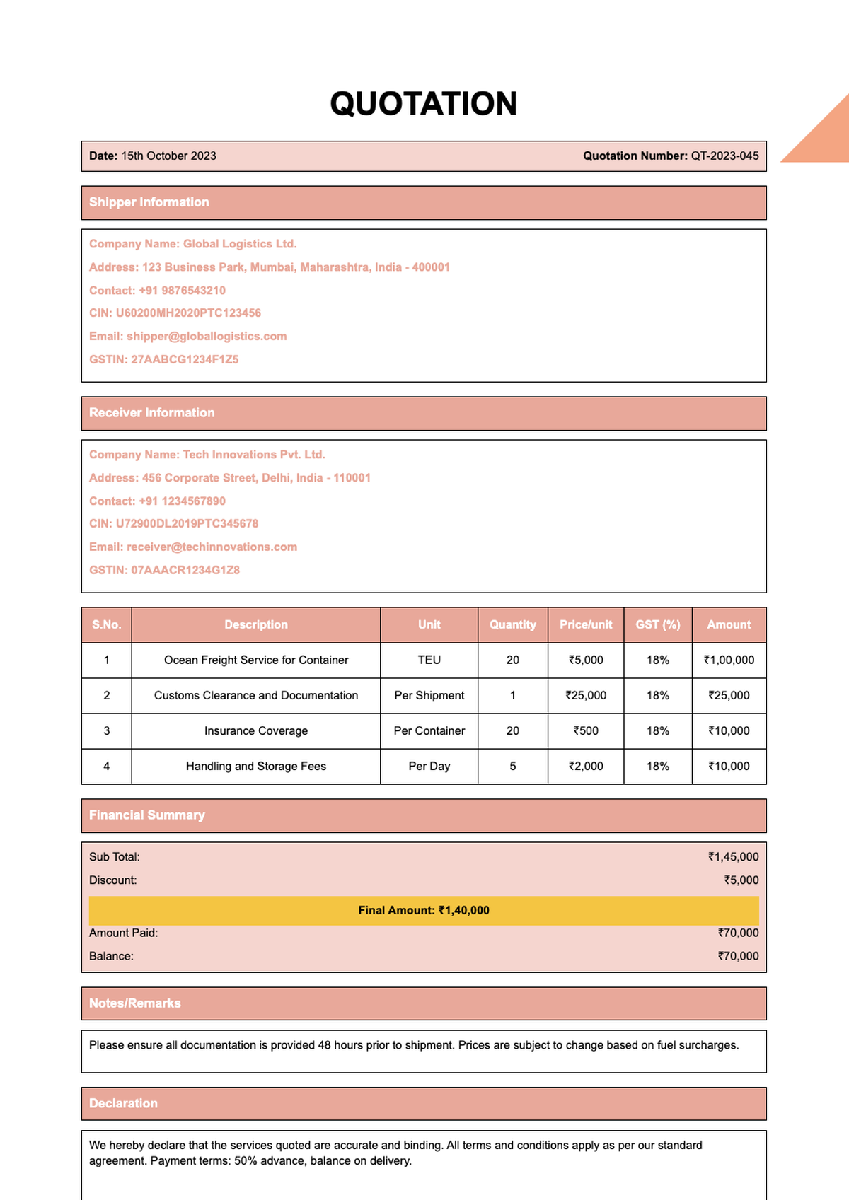 Professional quotation template with GST and service breakdown_variant_1